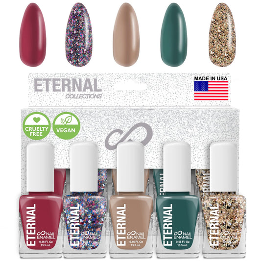 Eternal Glitter Nail Polish Set Cheers bottles on display showing five festive shades for easy DIY manicures