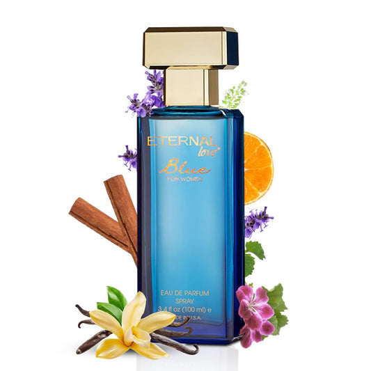 Eternal Love Blue bottle front view, showcasing elegant design for daily wear