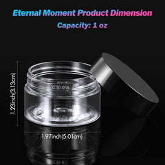 Eternal Moment 1oz round jars with black lids for easy storage