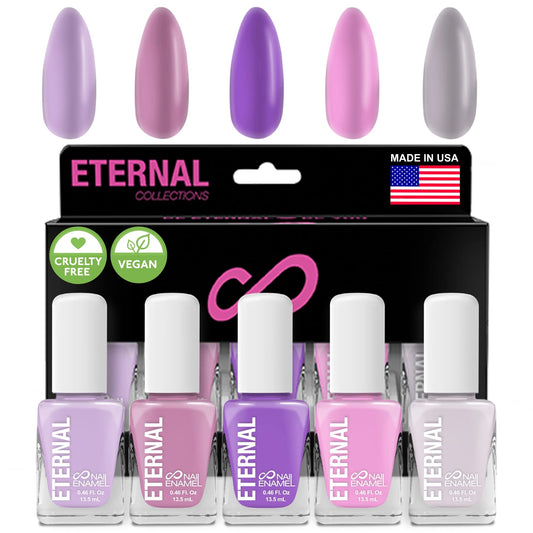 Eternal Pastel Nail Polish Set lilac-pink bottles with glossy finish for quick-dry nails.