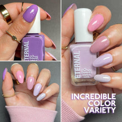 Eternal pastel shades including violet and pink swatches for versatile home manicures.