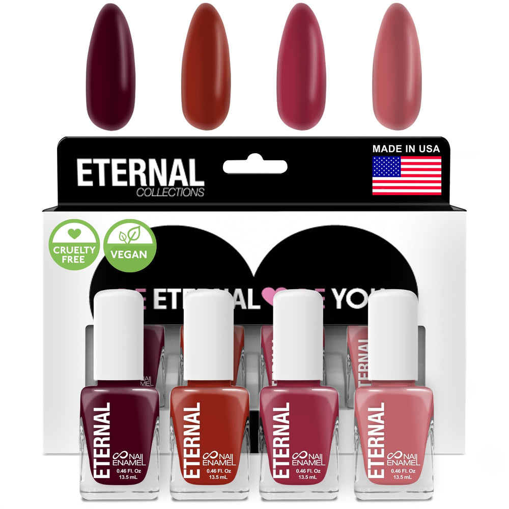 Eternal Rock and Rose nail polish bottles display bold pink, red, and purple shades for chic at-home manicures.