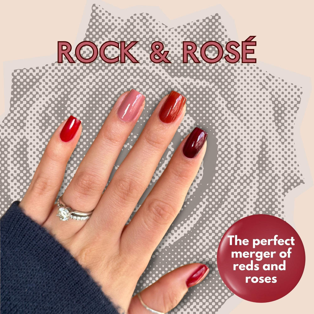Eternal Rock and Rose swatches show smooth, high-pigment color with easy, quick-dry application.