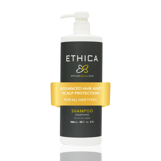 Ethica Beauty sulfate-free shampoo bottle showing color-safe, scalp-friendly formula