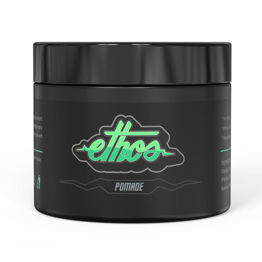 Ethos Styling Wax Pomade bottle demonstrating all-day hold and fragrance