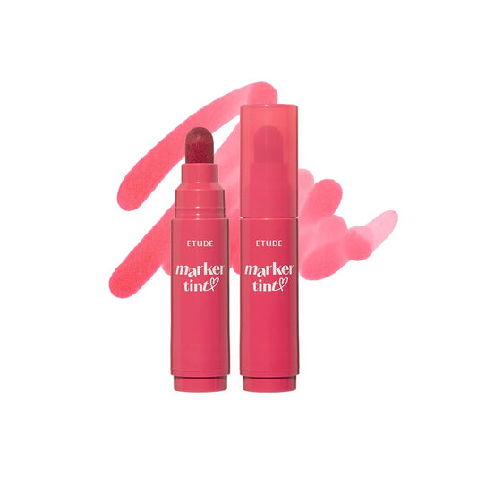 ETUDE Dear Darling Marker Tint Cherry Punch on lips delivers vivid color and hydrating shine.