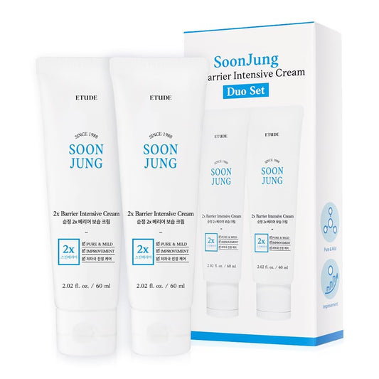 Etude SoonJung 2x Intensive Cream Duo bottles shown for gentle daily hydration.