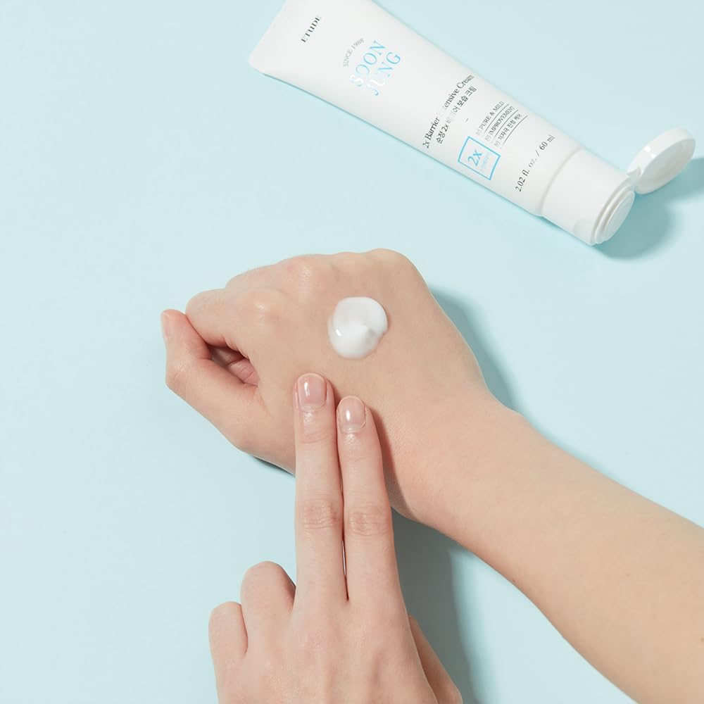 Etude SoonJung 2x Intensive Cream Duo skin application on clean face for calm hydration.