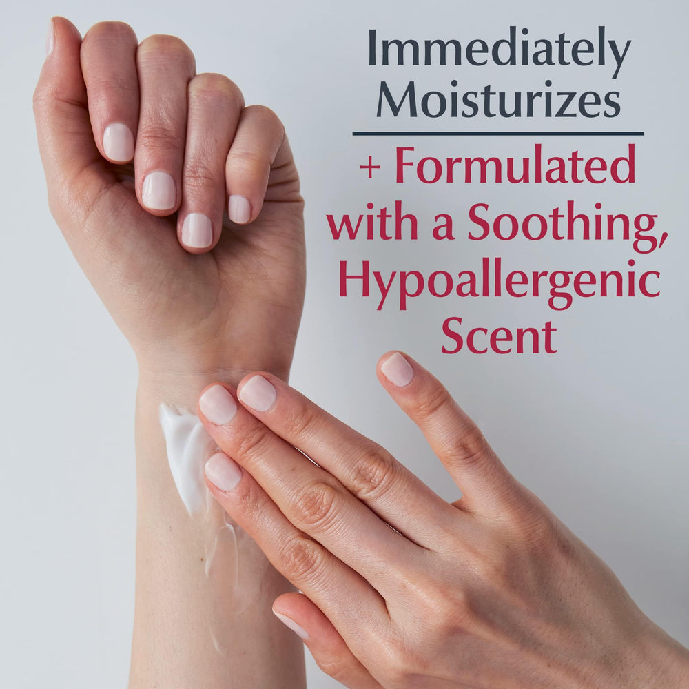 Close-up of Eucerin Advanced Repair Scented Night Lotion texture showing smooth, fast-absorbing formula for dry skin.