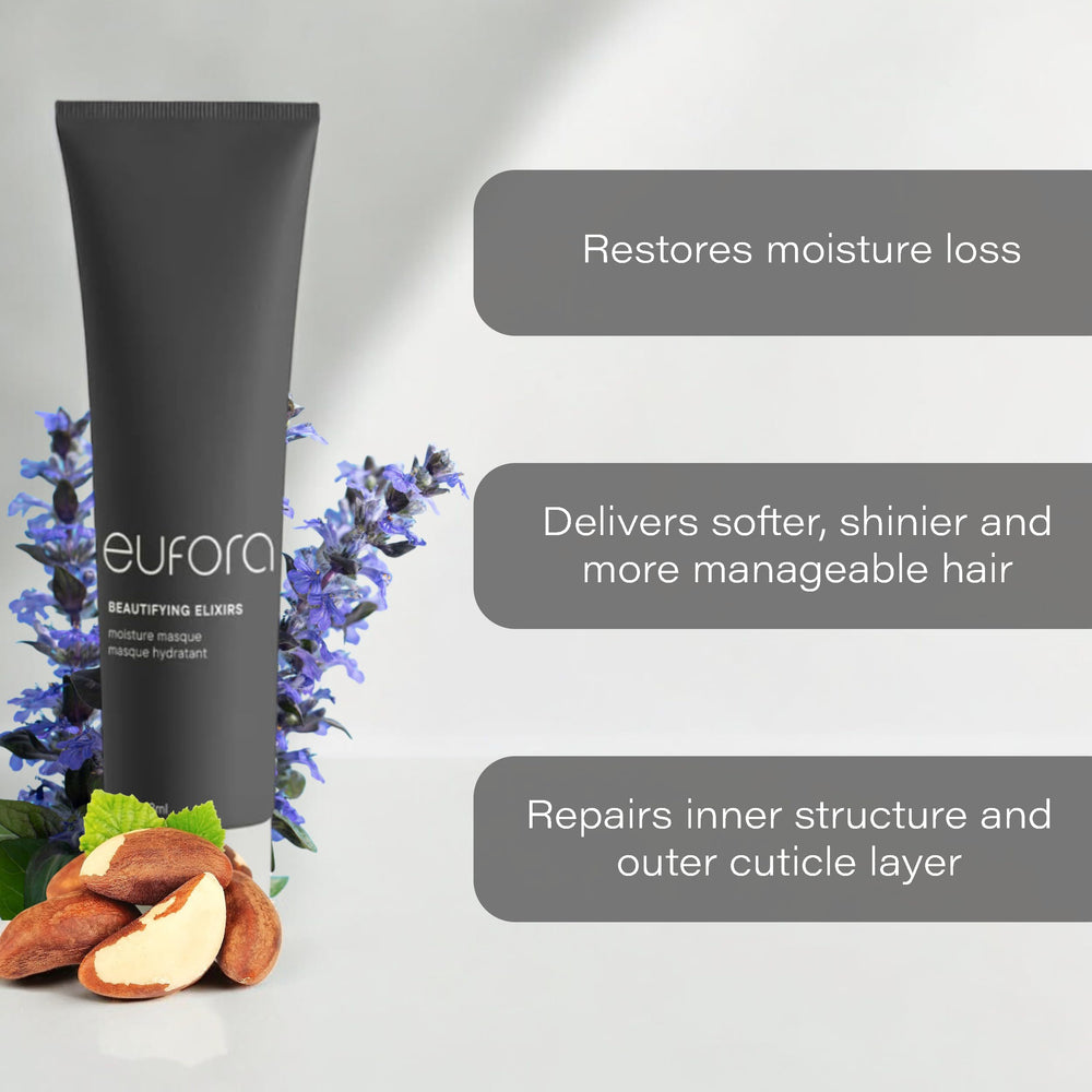 Eufora Beautifying Elixirs Moisture Masque application on hair for deeper conditioning.