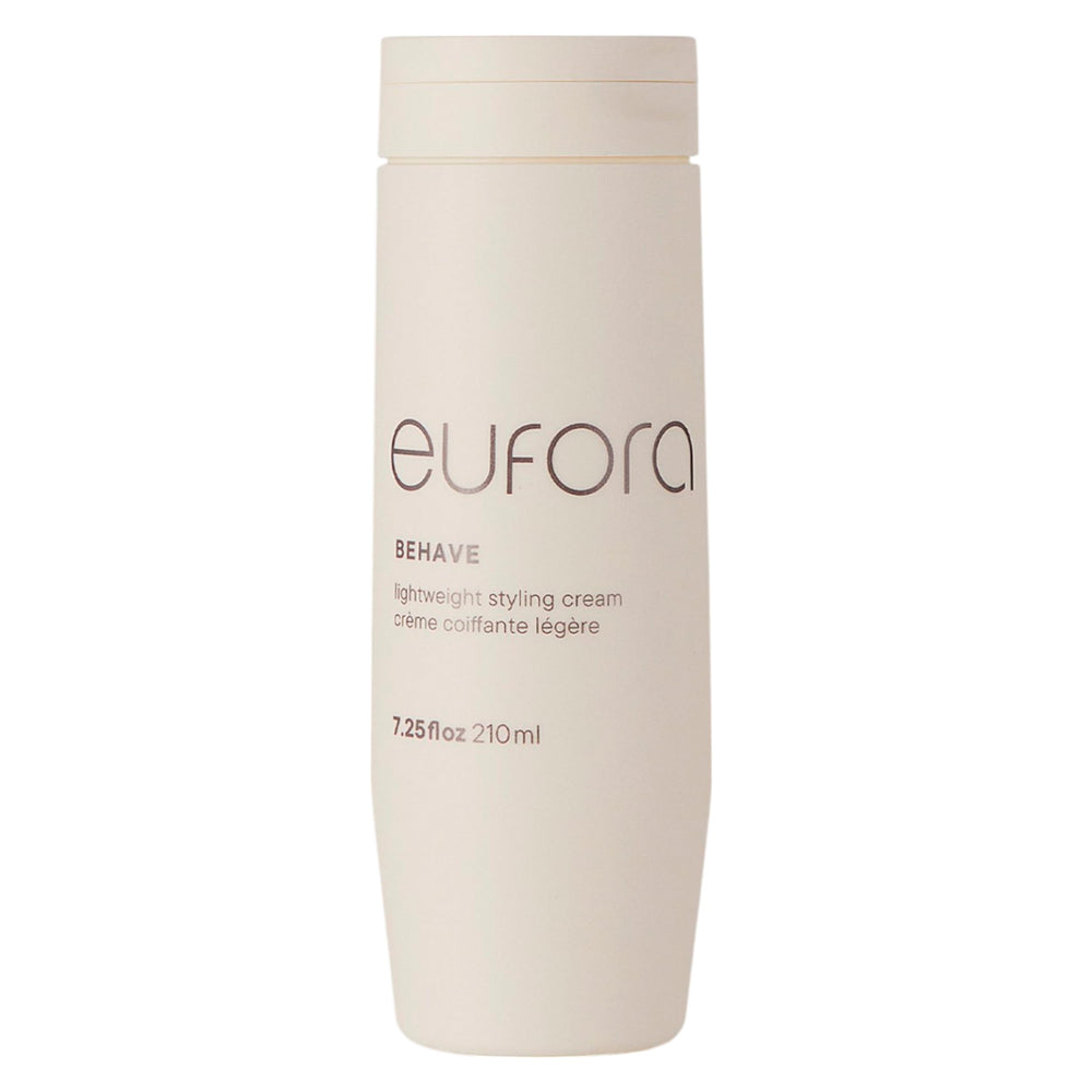 Eufora Behaive lightweight styling cream bottle pour for precise application and frizz control.