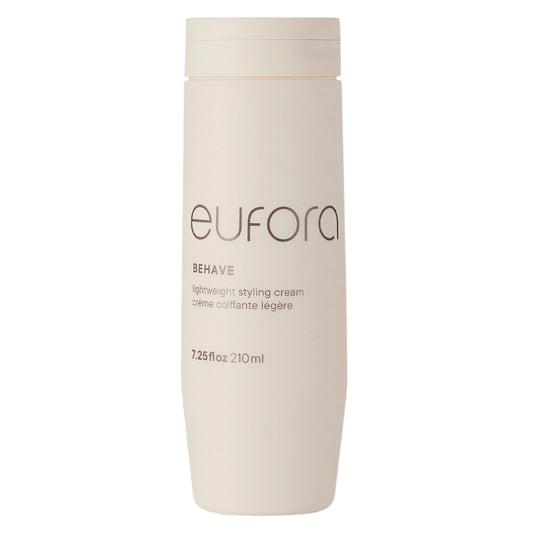 Eufora Behaive lightweight styling cream bottle pour for precise application and frizz control.