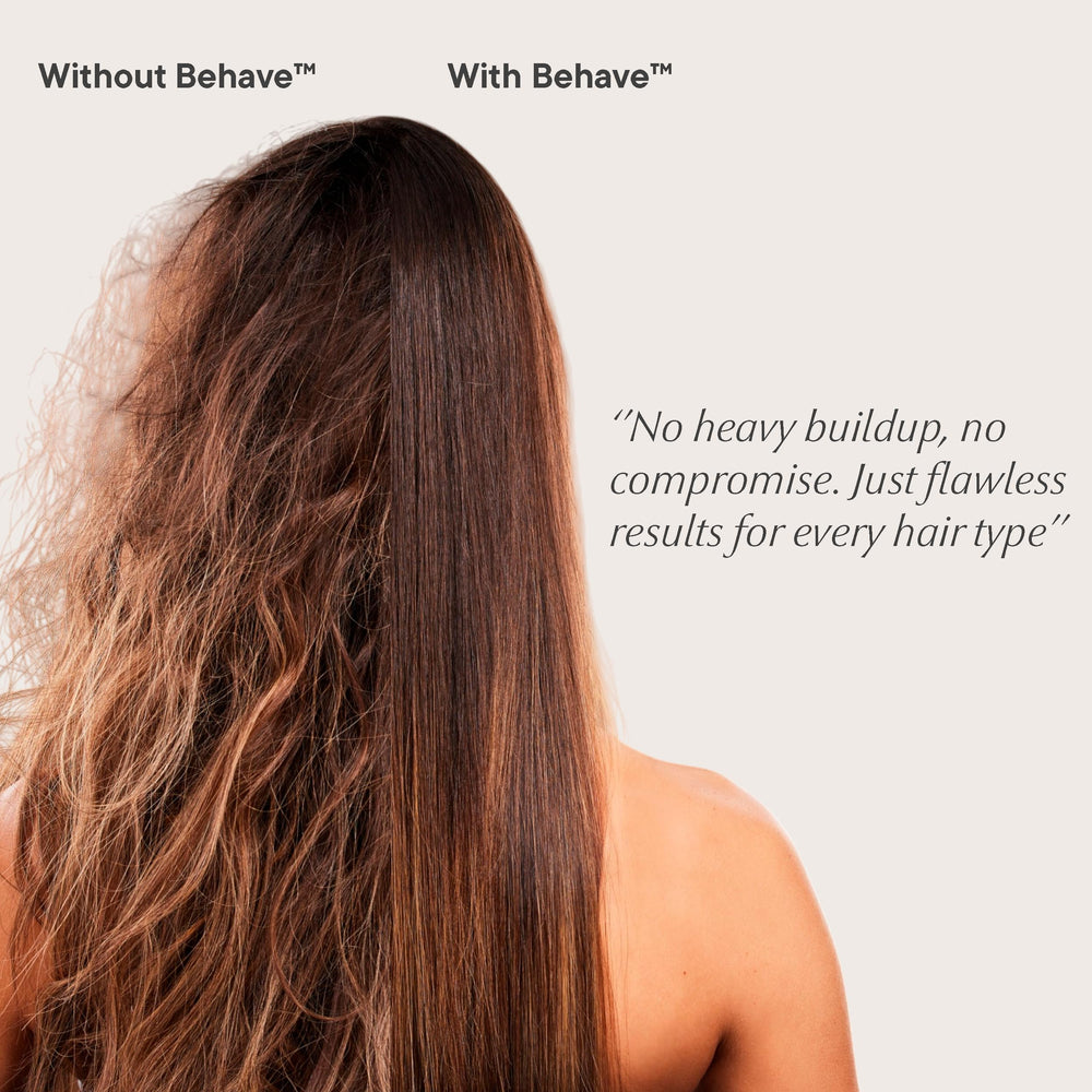 Eufora Behaive styling cream on defined curls delivering glossy, flexible hold.
