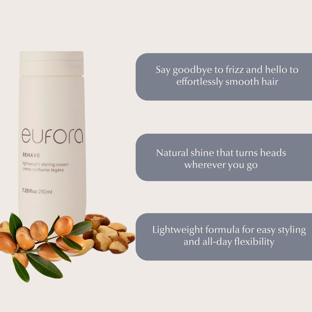 Eufora Behaive cream in hand applying for soft, manageable curls with shine.