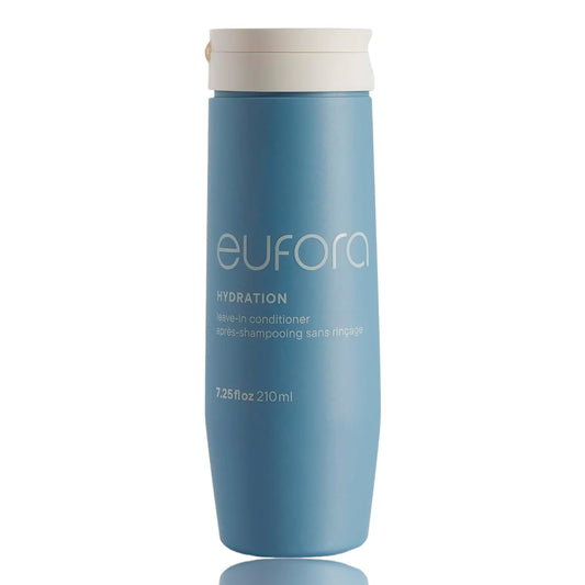 Eufora Hydration Leave-In Conditioner bottle pouring for lightweight moisture and frizz control.