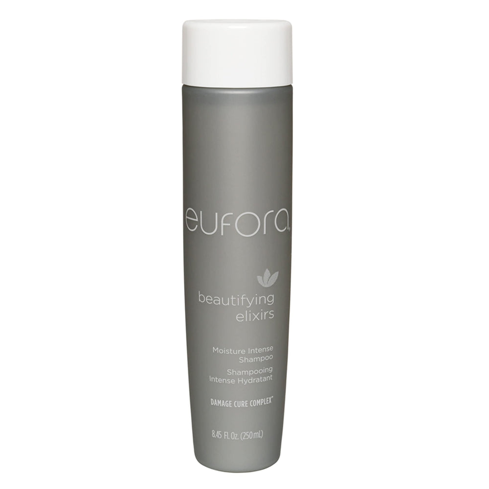 Eufora Moisture Intense Shampoo bottle close-up showing hydration benefits