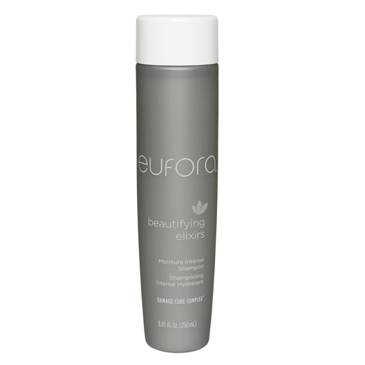 Eufora Moisture Intense Shampoo bottle close-up showing hydration benefits