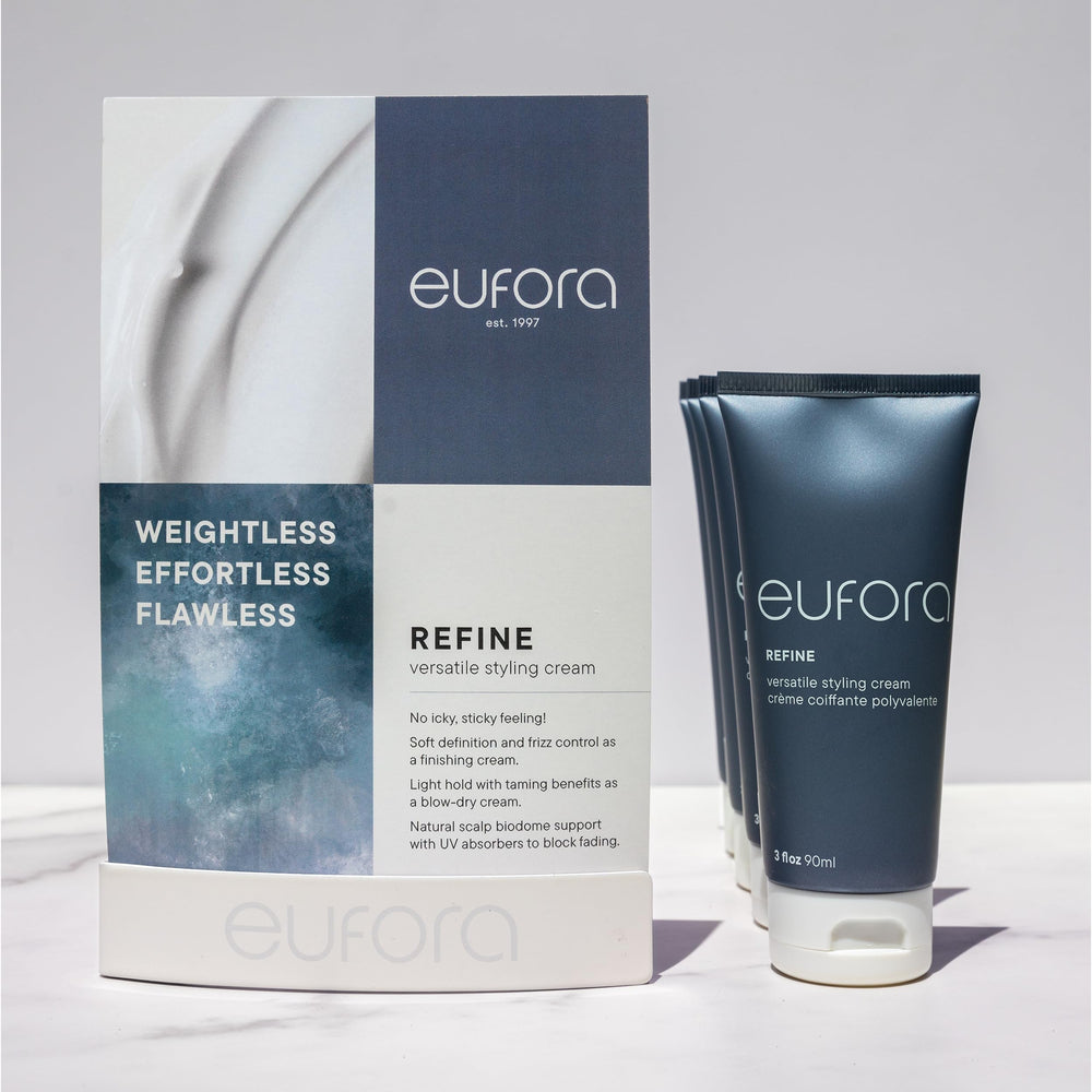 Eufora Refine blow-dry-ready cream aids smooth, quick styling.