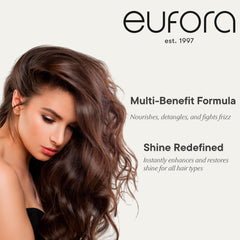 Close-up of applying Eufora Shine Mist Spray IlluminATE for smooth distribution.