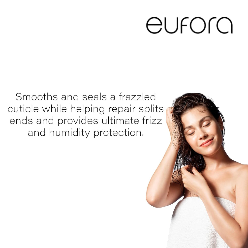 Eufora label close-up highlighting frizz protection and moisture