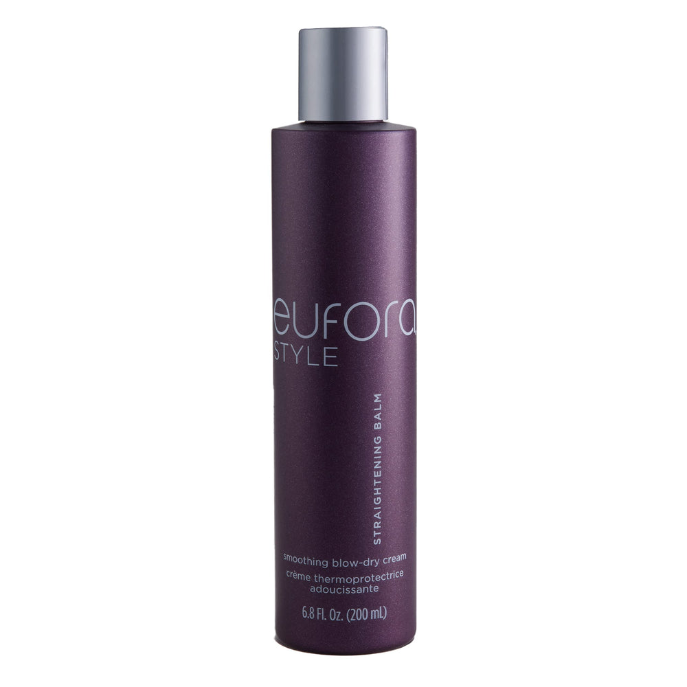 Eufora Straightening Balm bottle close-up for sleek blowouts.