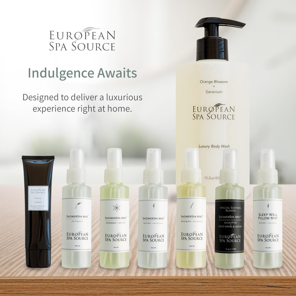 European Spa Source Luxury Body Wash bottle with jojoba and meadowfoam oils for conditioning skin.