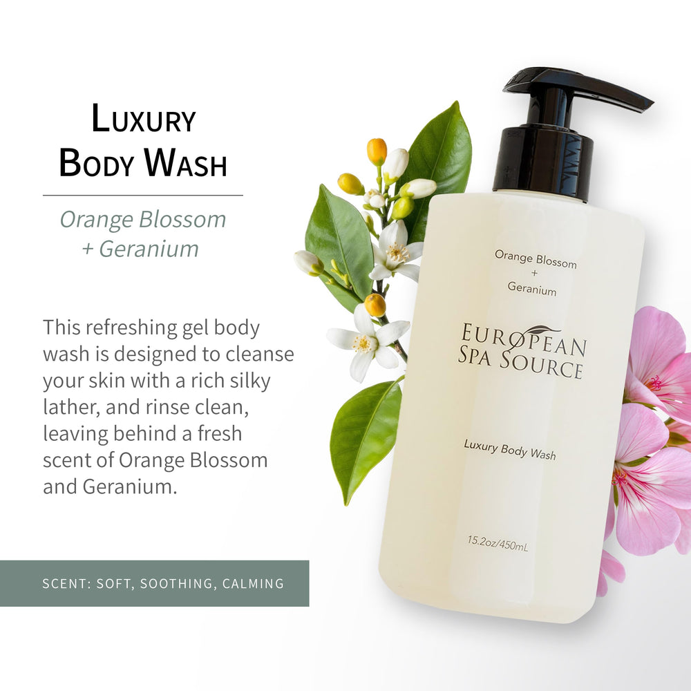 European Spa Source Luxury Body Wash pump dispenser highlights creamy foam for gentle cleansing.