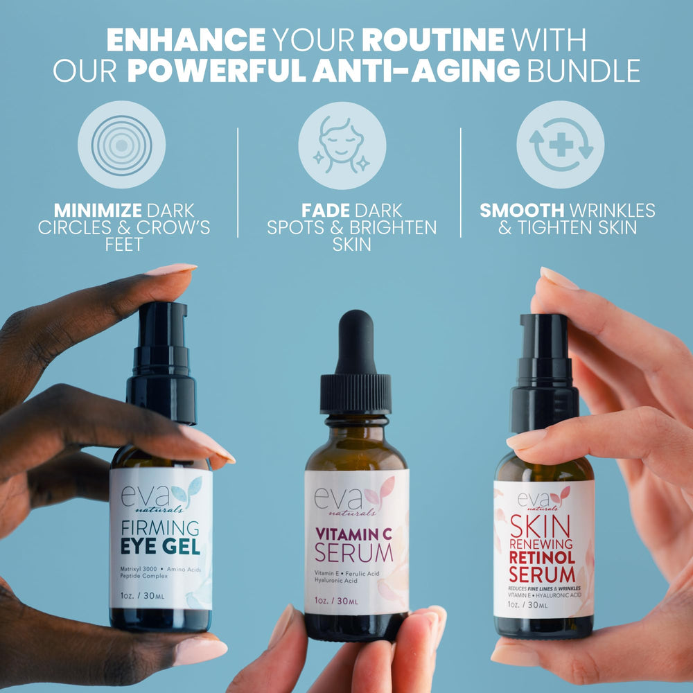 Eva Naturals Retinol serum bottle targets fine lines for smoother texture.