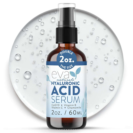 Eva Naturals Hyaluronic Acid Serum bottle shown for daily hydration and soft skin.