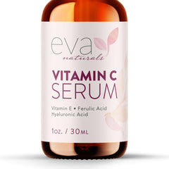 Eva Naturals Vitamin C Serum amber bottle close-up for radiant skin