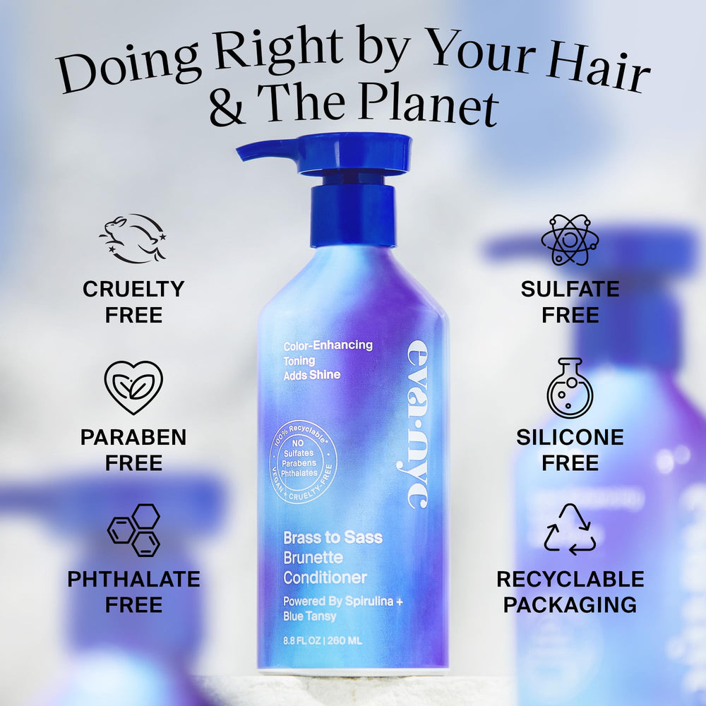 Eva NYC Brass to Sass Brunette Shampoo on the sink highlights vegan formula and cleansing.