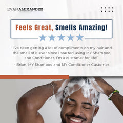 Evan Alexander MY Shampoo bottle on bathroom shelf shows 8 oz size