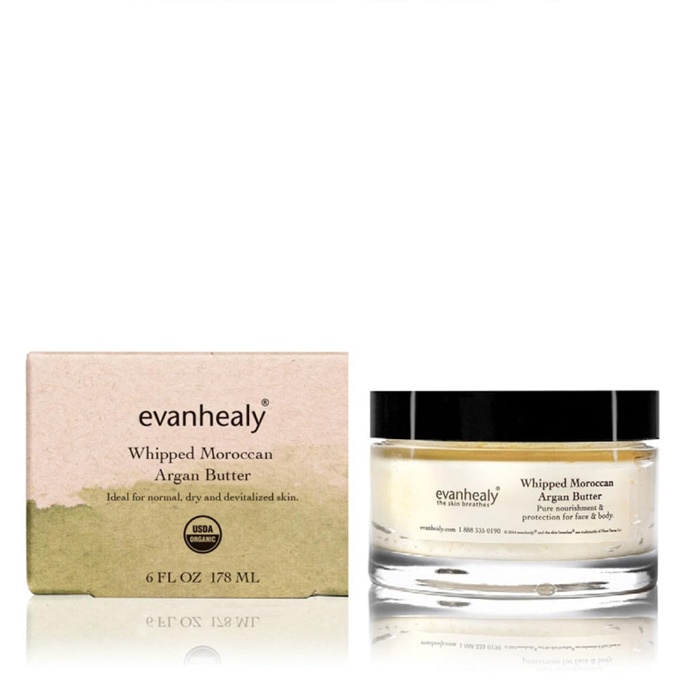 evanhealy whipped Moroccan Argan Butter jar close-up, creamy texture ideal for dry skin.