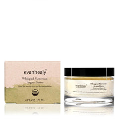 evanhealy whipped Moroccan Argan Butter jar close-up, creamy texture ideal for dry skin.