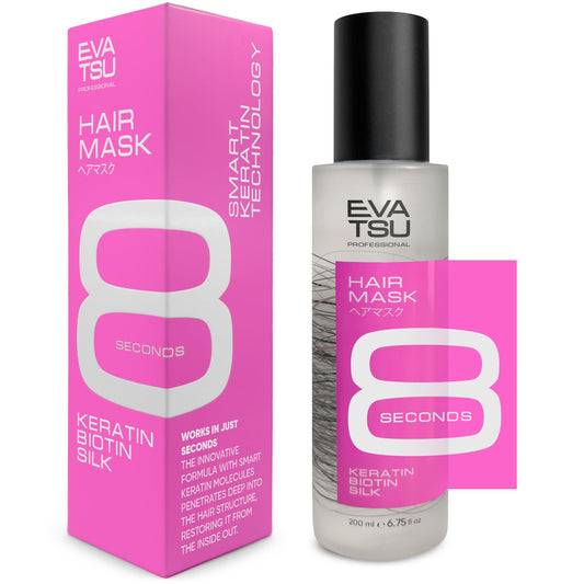 EVATSU 8-Second Hydrating Mask Spray bottle shows premium hydration and frizz control.
