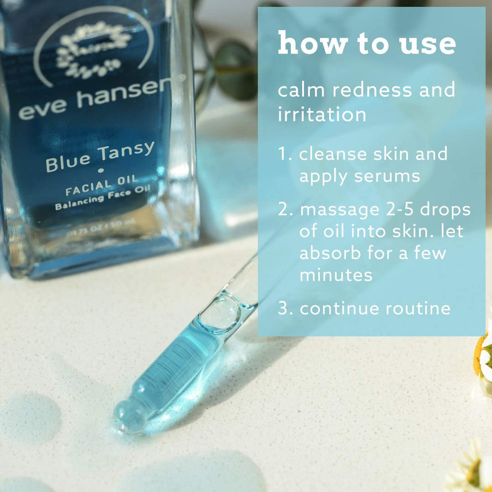 Eve Hansen Blue Tansy Rosehip blend highlighting balanced skin hydration.