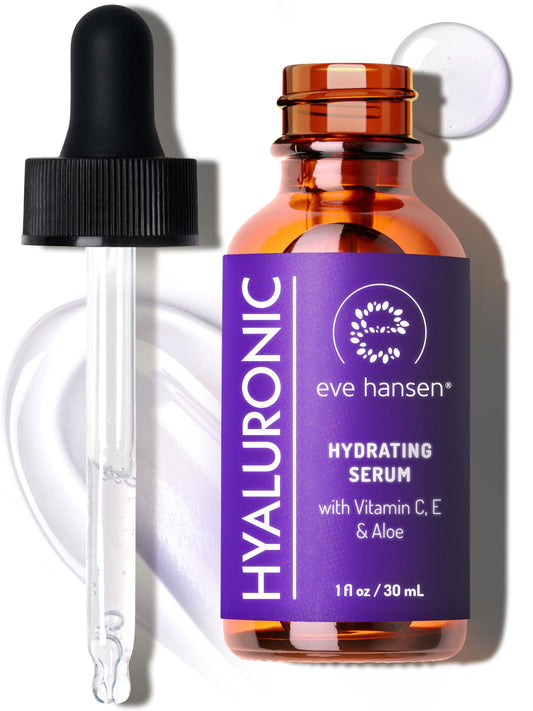 Eve Hansen hydrating serum bottle delivering deep hydration for glowing skin.