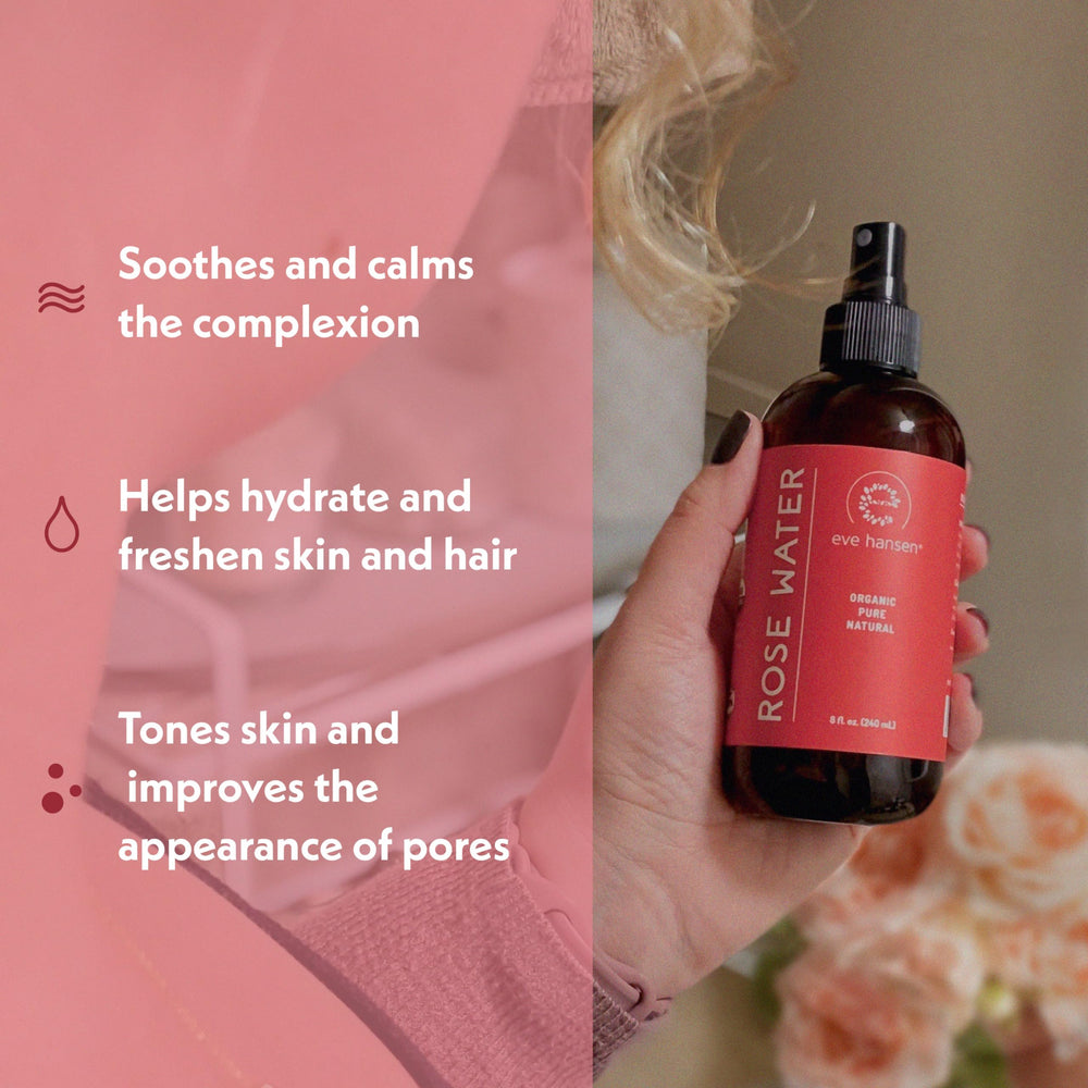 Eve Hansen Rose Water Face Mist on skin delivers gentle refreshment.