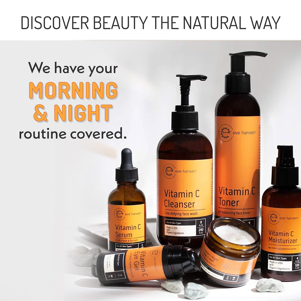 Eve Hansen Vitamin C Serum bottle against neutral backdrop suggests premium quality.