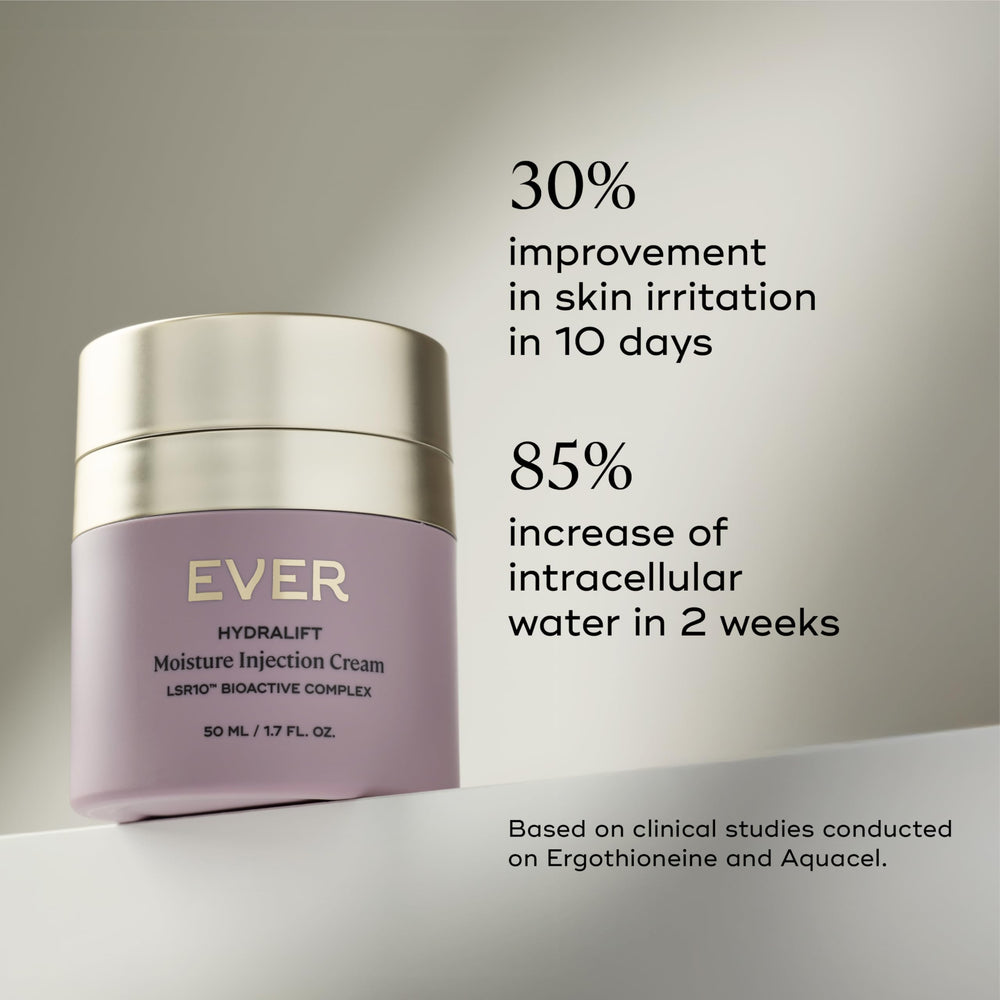 EVER Hydralift moisturizer swatch close-up demonstrates smoothing effect on skin texture.