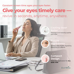 Everbloom Naturals eye serum roller applying to the under-eye area for refreshing relief