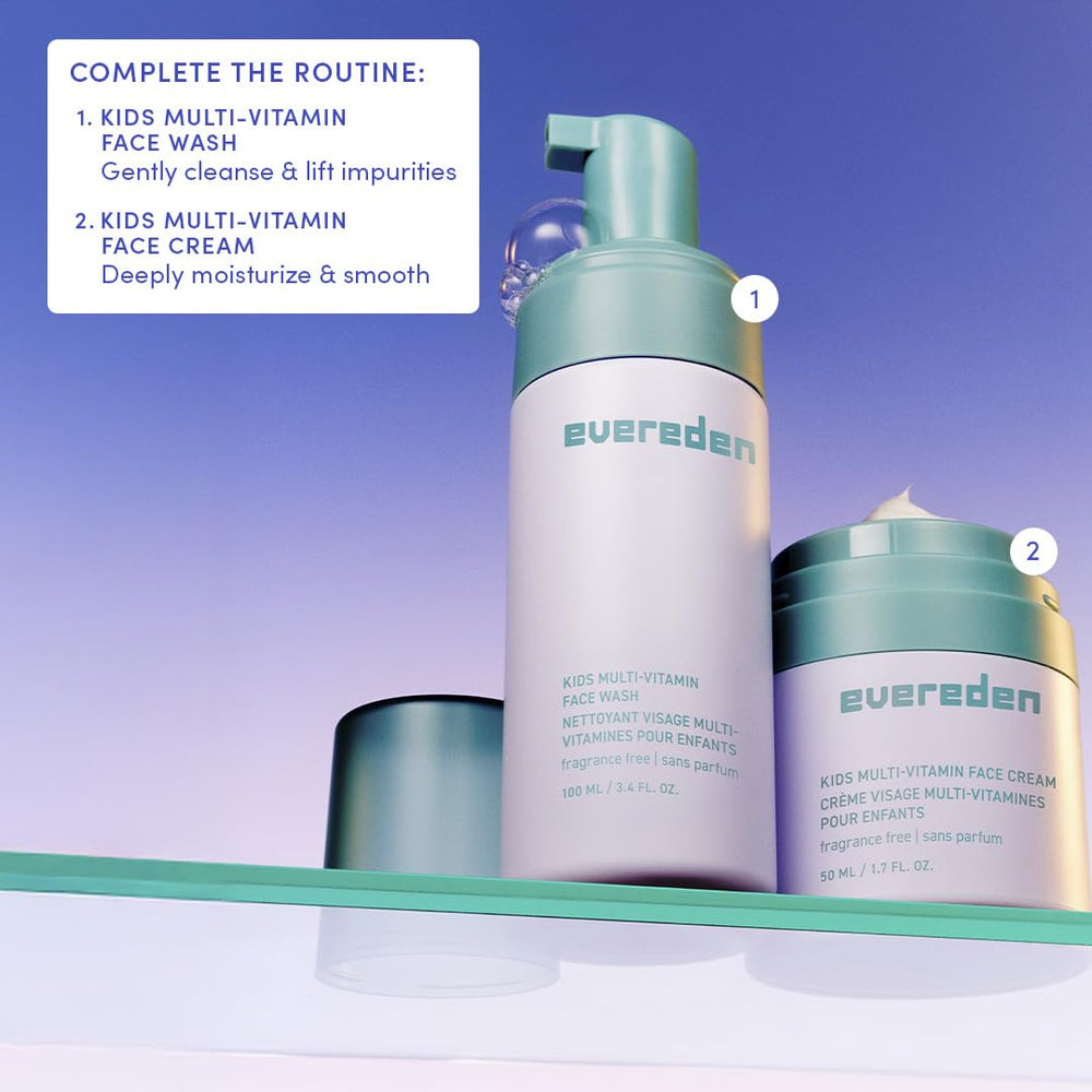Evereden fragrance-free kids face cream compact packaging on shelf emphasizes convenient storage.