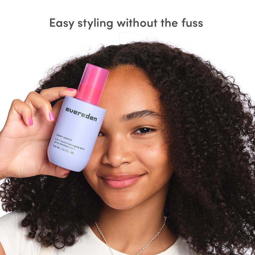 Evereden USA-made label on detangler spray bottle emphasizes quality.