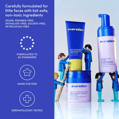 Evereden Kids Face Wash packaging closeup highlighting vegan ingredients.