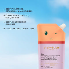 Evereden Kids Shampoo Refill after-use hair shows clean, shiny strands