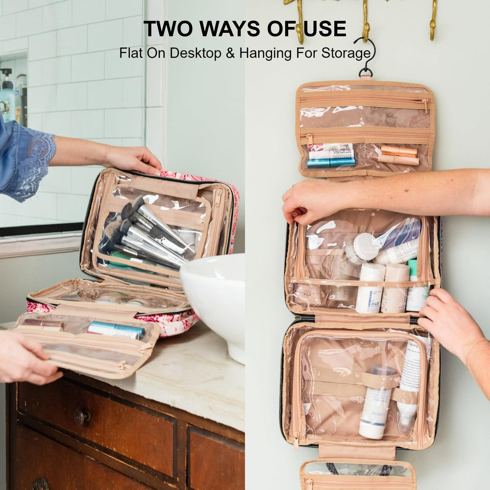 Everfun hanging travel toiletry bag water-resistant exterior withstands travel conditions.