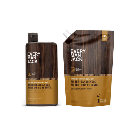 Every Man Jack Amber Sandalwood bottle pour with rich lather for daily cleansing.
