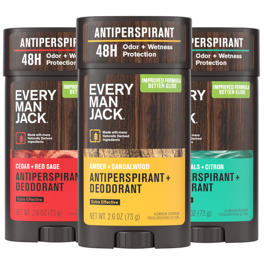 Every Man Jack amber-sandalwood deodorant bottle provides long-lasting outdoor scent