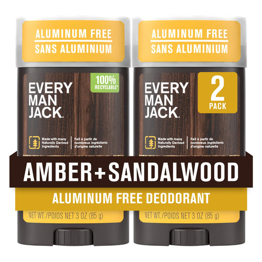 Every Man Jack Amber + Sandalwood deodorant bottle with aluminum-free protection.
