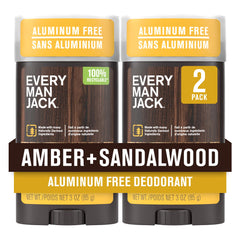 Every Man Jack Amber + Sandalwood deodorant bottle with aluminum-free protection.